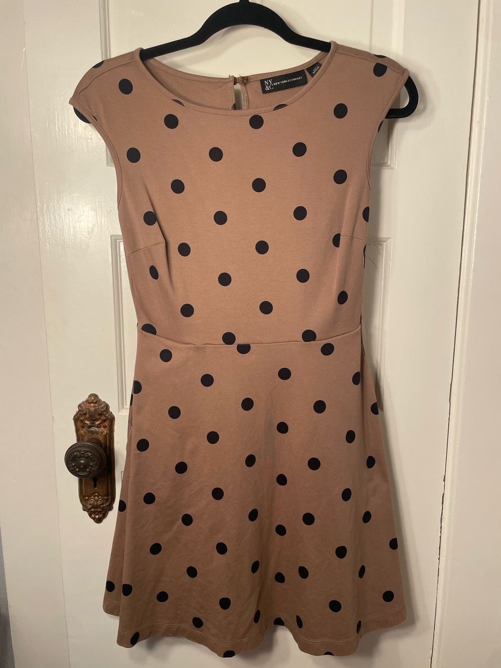 New York & Company Taupe Dress with Black Polka Dots